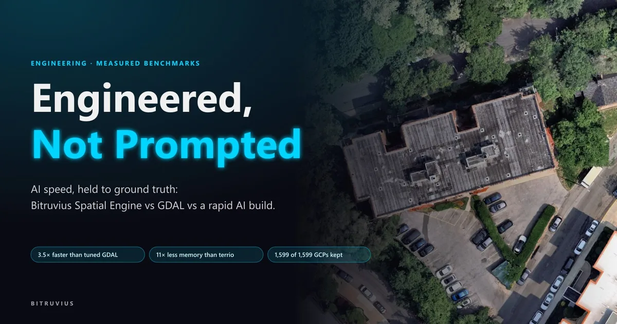 Engineered, Not Prompted. An aerial photograph of a building and car park beside the title, with three results: 3.5 times faster than tuned GDAL, 11 times less memory than terrio, 1,599 of 1,599 ground control points kept.